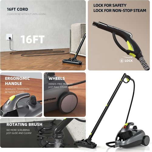 Heavy-Duty Steam Cleaner | 1500W Handheld Floor Steamer with 22 Accessories & 16ft Cord for Deep Cleaning