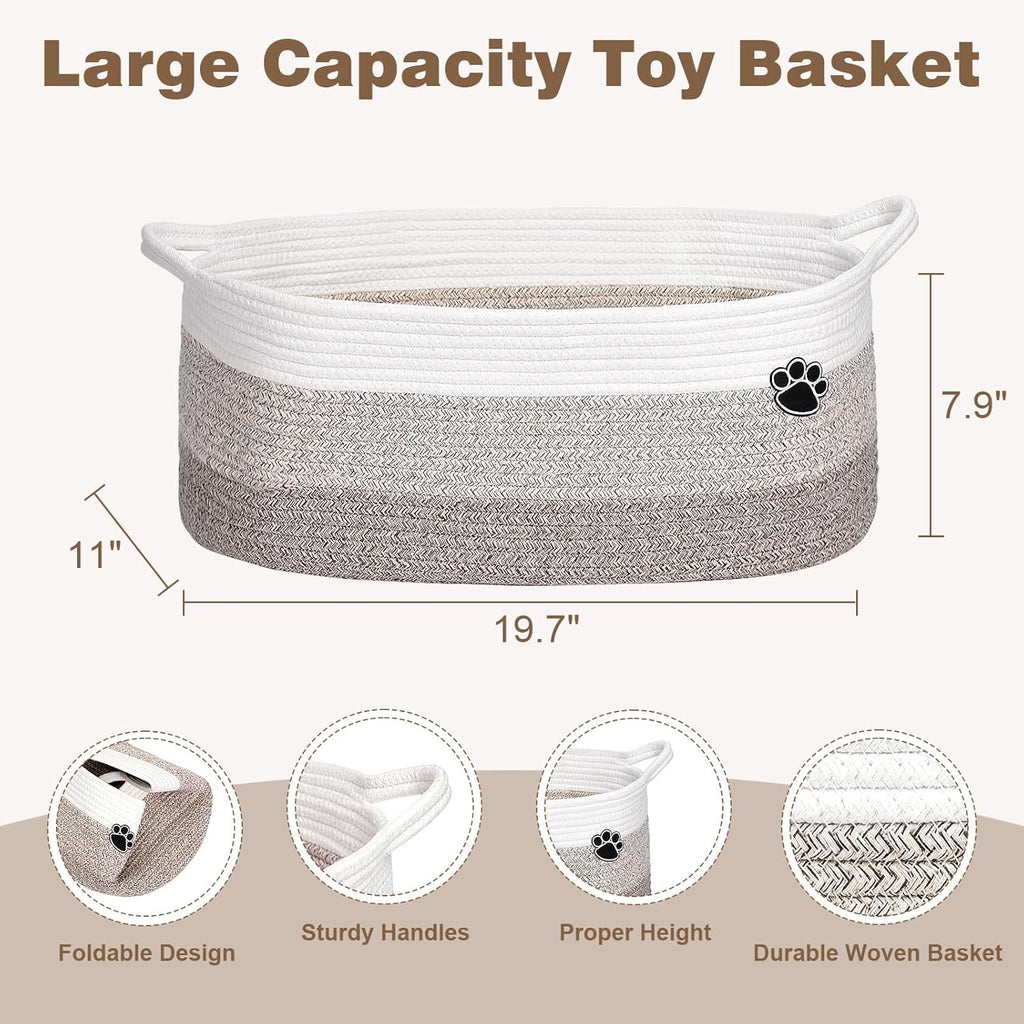 Optish Dog Toy Basket - Large Woven Rope Storage Bin for Dogs & Cats | 19.7" x 11" x 7.9" - White & Brown