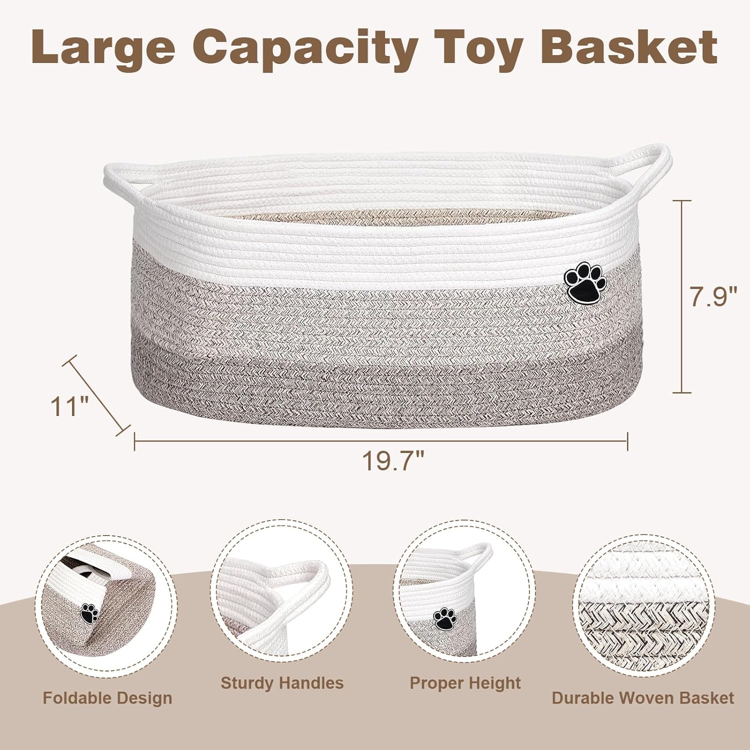 Optish Dog Toy Basket - Large Woven Rope Storage Bin for Dogs & Cats | 19.7" x 11" x 7.9" - White & Brown