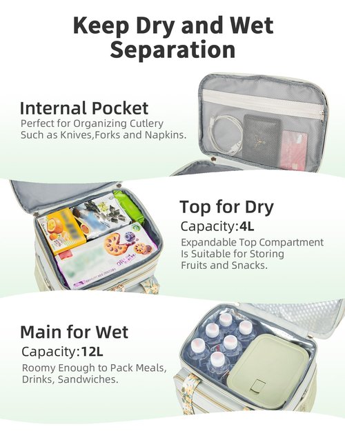 HSHRISH Expandable Lunch Box for Women, Double Deck Large Insulated Lunch Bag Women Leakproof Durable Lunch Cooler Tote Bag, Lightweight Cute Lunchbox for Work Outdoor Travel, Green