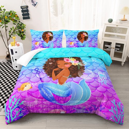 AILONEN Cute Mermaid Comforter Set for Kids Girls Twin Size, Little Black Girl Mermaid Bedding Set,Ocean Theme Bed in a Bag,Purple Blue Fish Scale Duvet Set,1 Quilt 2 Pillowcases,3 PCS