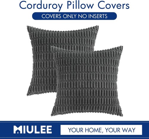 MIULEE Corduroy Throw Pillow Covers - Soft Boho Striped Design | 18x18 Inch Dark Grey for Modern Home Decor