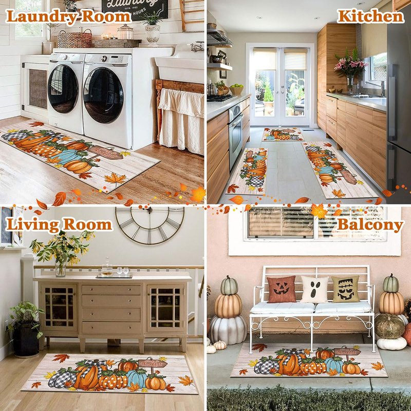 U'Artlines Fall Pumpkin Kitchen Rugs with Runner Sets 3 Piece Farmhouse Seasonal Harvest Holiday Party Rugs and Mats Non Skid Washable Kitchen Floor Mats for Home Hallway Sink Laundry Decor(Pumpkin)