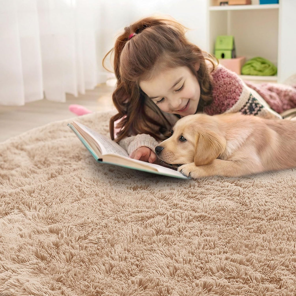 OLANLY Round Beige Area Rug - Soft, Fluffy, Machine Washable 9 ft Circle Carpet for Bedroom & Living Room Decor