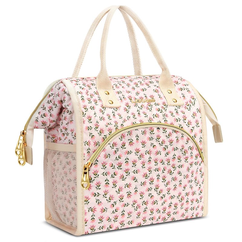 Lunch Bag Women Insulated Lunch Box Wide-Open Lunch Tote Bag Large Drinks Holder Durable Nylon Thermal Snacks Organizer for Men Adults Work Picnic Hiking Beach Fishing, Red Flower