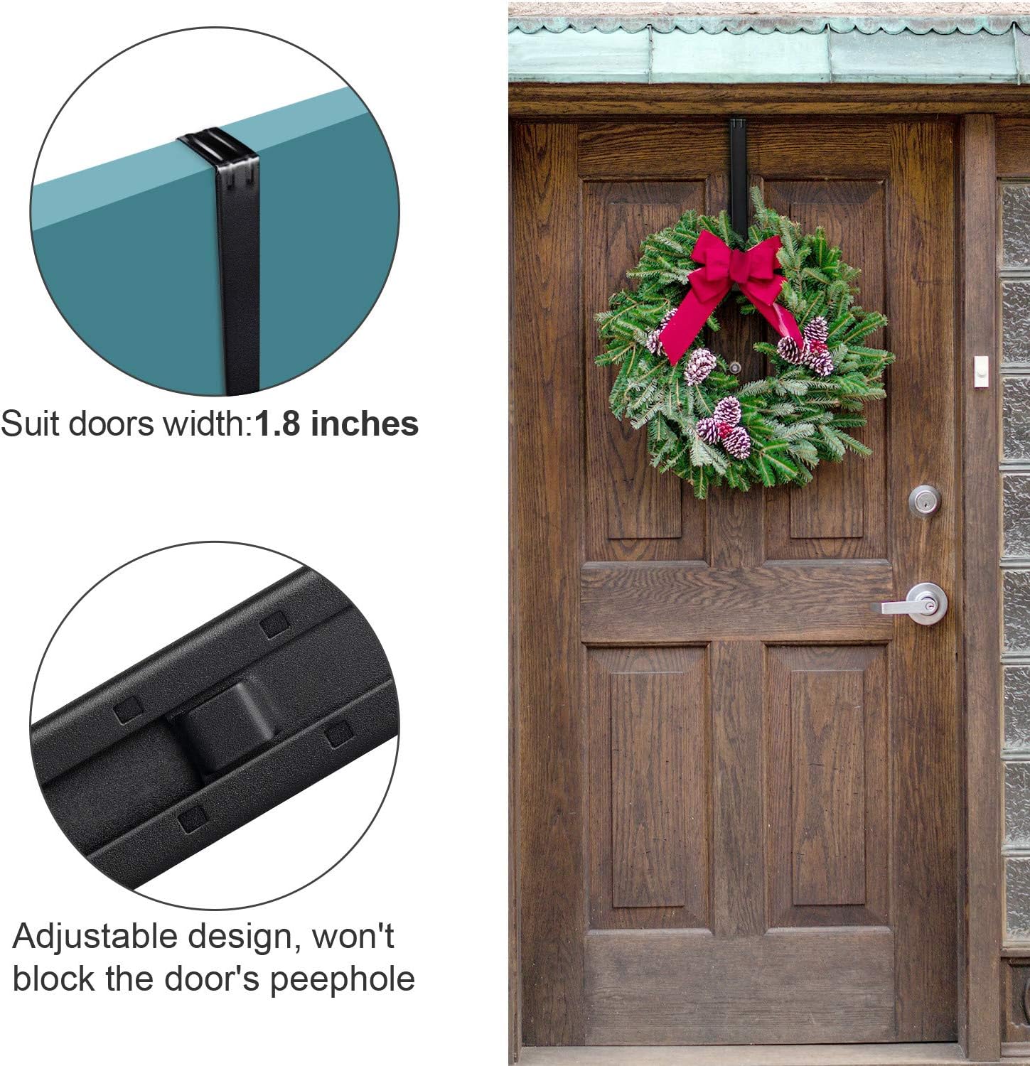 Myfolrena Wreath Hanger - Adjustable Front Door Hook Holds Up to 20lbs | Fits 15-24 Inch Wreaths (Black)