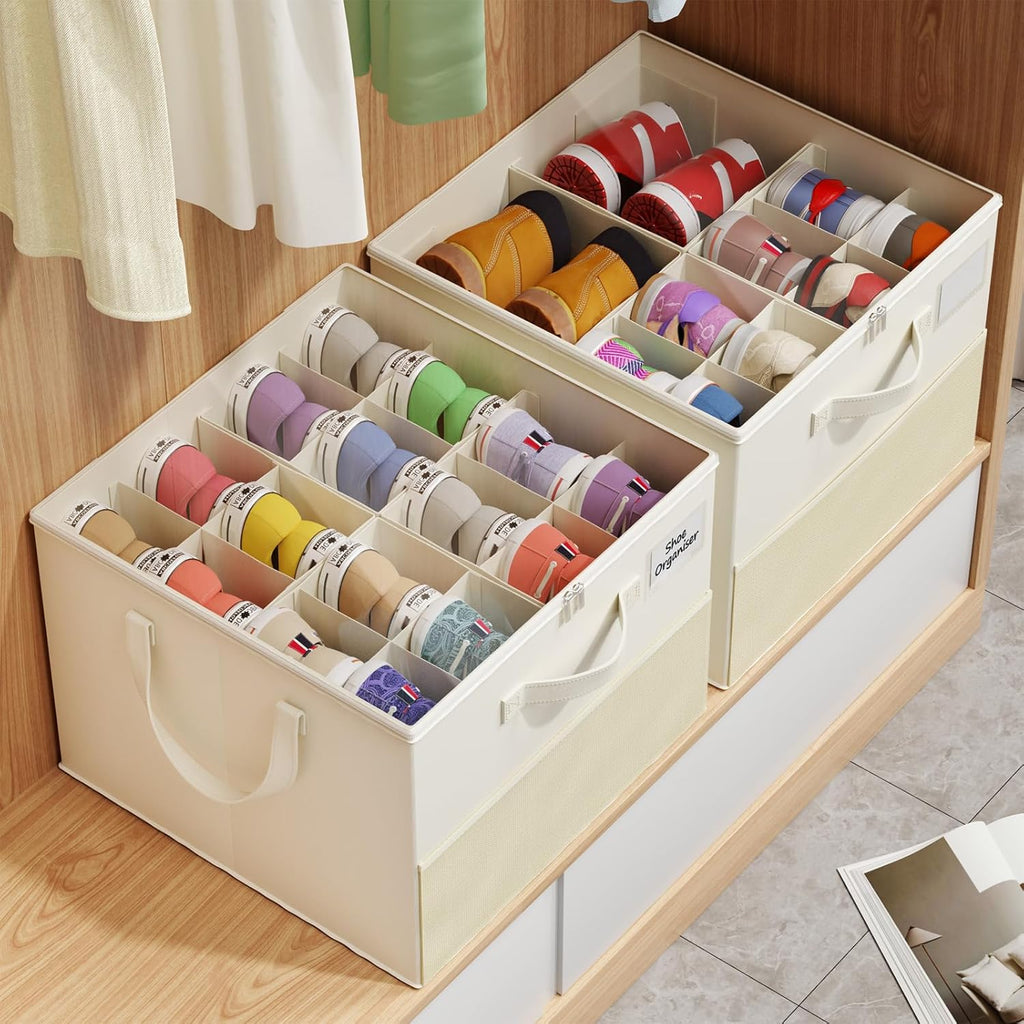 NestOrganix Shoe Organizer - Large Foldable Storage Box with Adjustable Dividers & Clear Cover | Beige 2-Pack