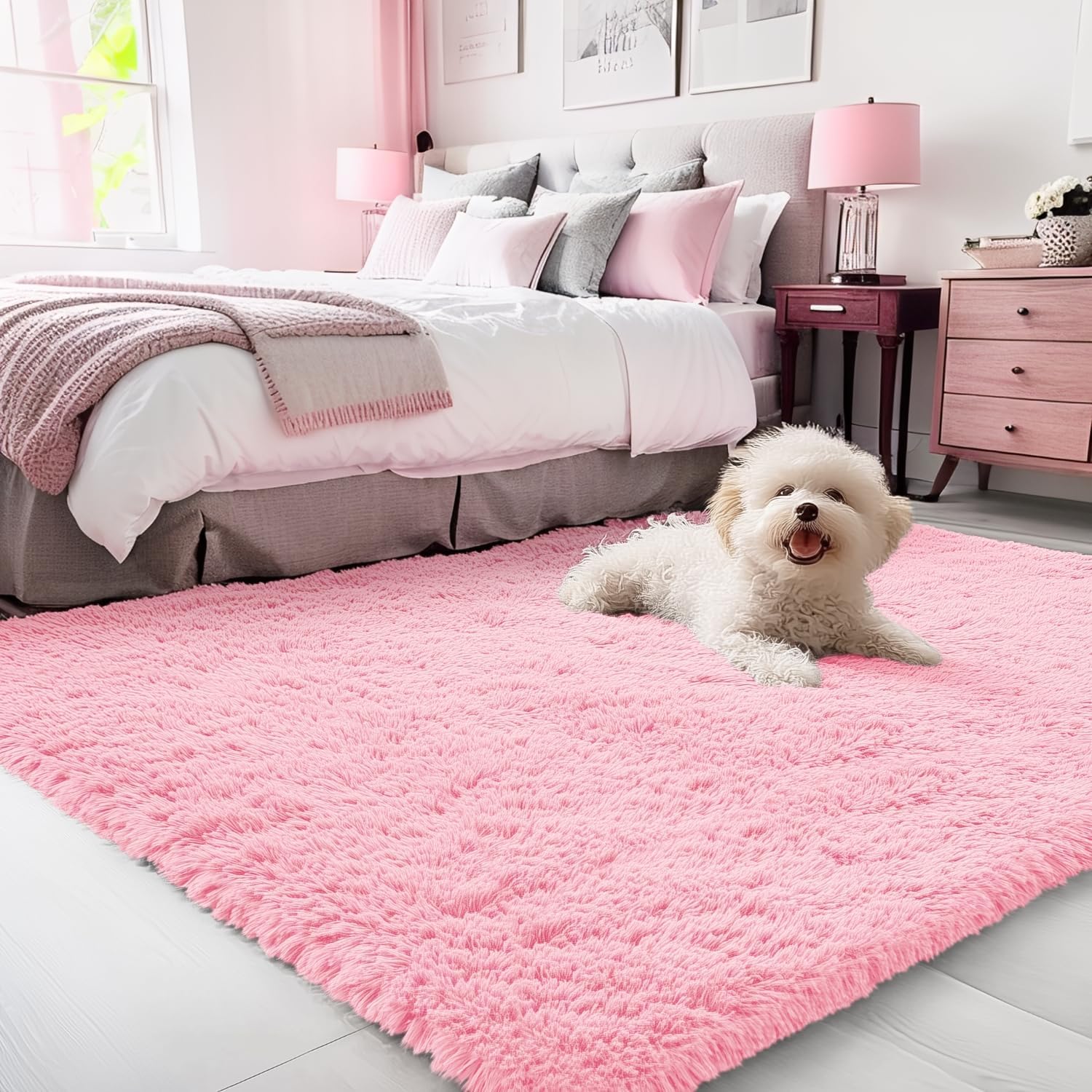 OLANLY Soft Fluffy Shaggy Bedside Rug - 3x5 Machine Washable Indoor Carpet for Kids & Nursery | Pink