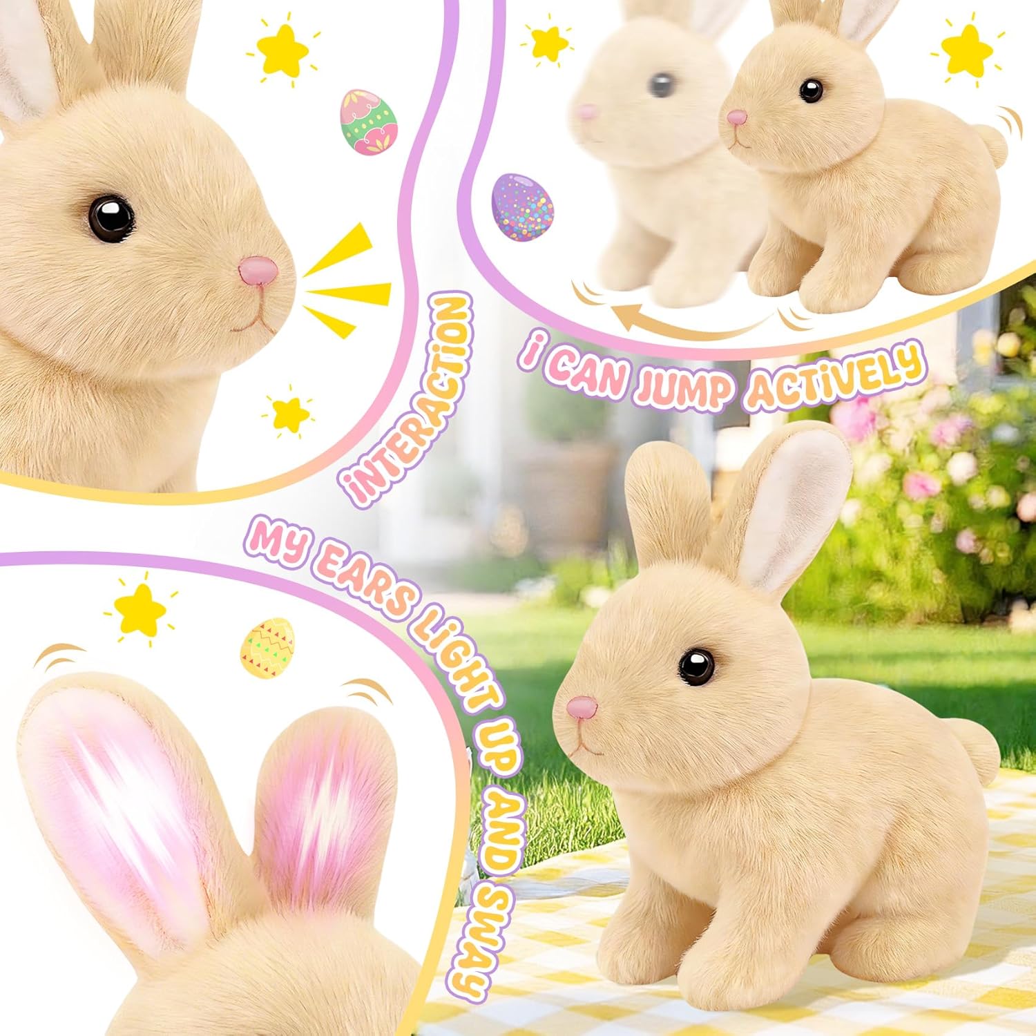 Skiennix Realistic Bunny Toy - Interactive Hopping Rabbit Set with Headband, Electric Sounds & Movements, Brown