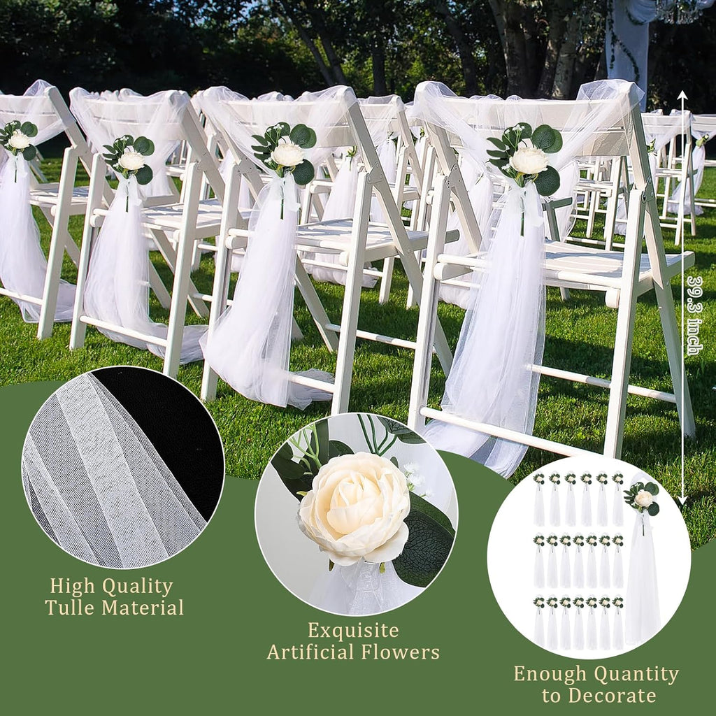 Skiennix Wedding Aisle Decorations - 39.4" Artificial Silk Rose Flowers with Long Tulle Tails - Champagne