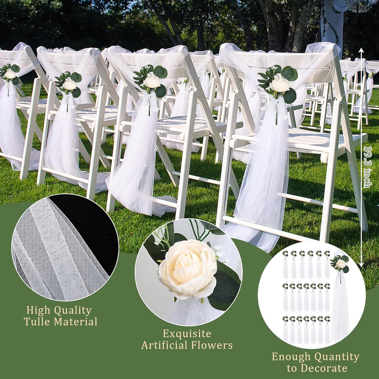Skiennix Wedding Aisle Decorations - 39.4" Artificial Silk Rose Flowers with Long Tulle Tails - Champagne