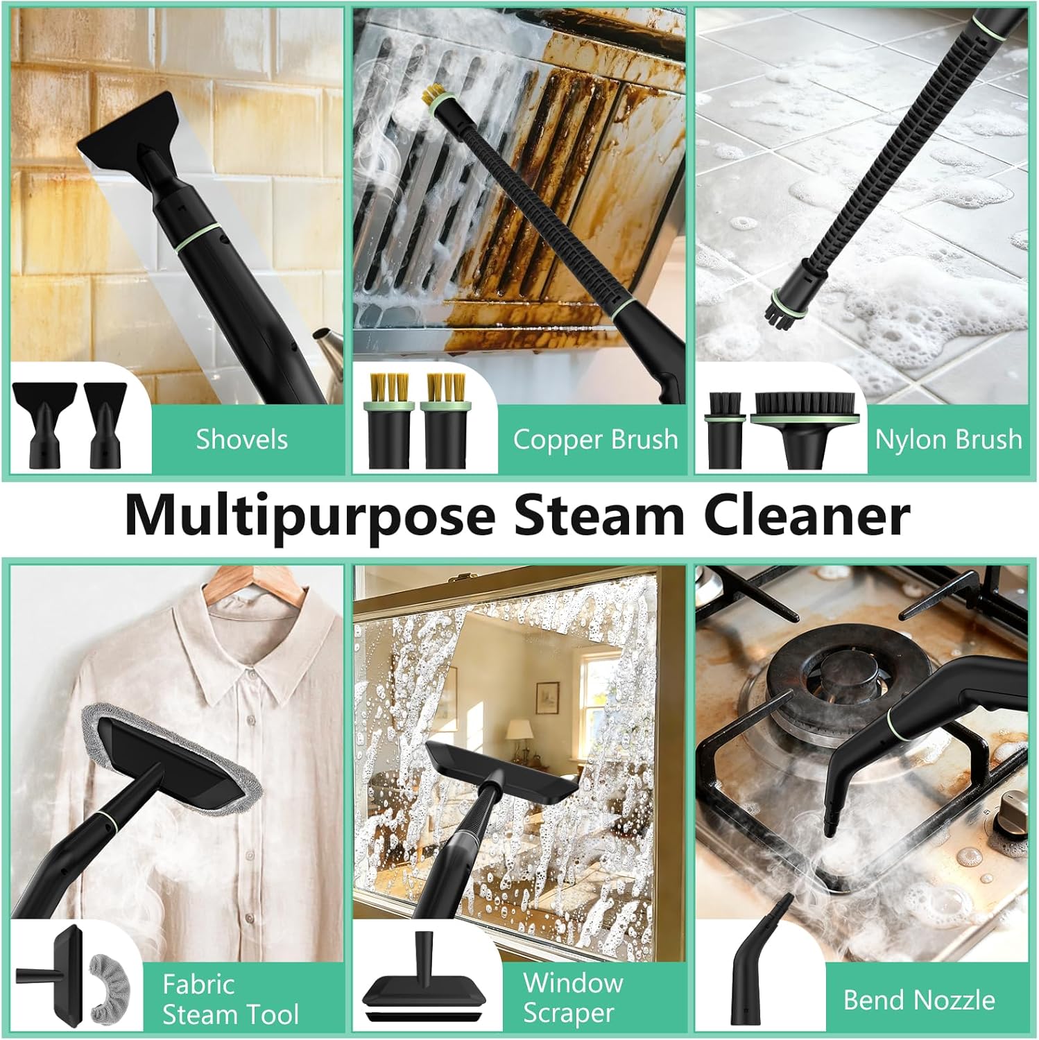 Portable Steam Cleaner by [Brand Name] - 16-Piece Accessory Set | 6-Level Adjustable Heat, Fast 15s Heat-Up for Home & Car Detailing