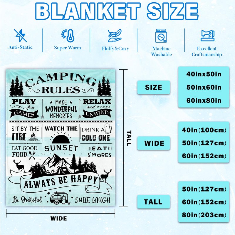 BUUGVIIL Camping Gifts for Women/Men, Camping Rules Blanket, Camp Stuff, Camp Essentials, Camper Decor for Outdoors, RV Owners Travel 60"x50"