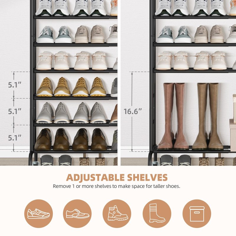 STORAGE MANIAC 10-Tier Expandable Shoe Rack, 44 Pairs Tall Vertical Shoe Rack, Heavy-Duty Metal Adjustable Shoes Organizer for Closet, Entryway, Hallway, Garage, Front Door, Shoes Shelves, Black