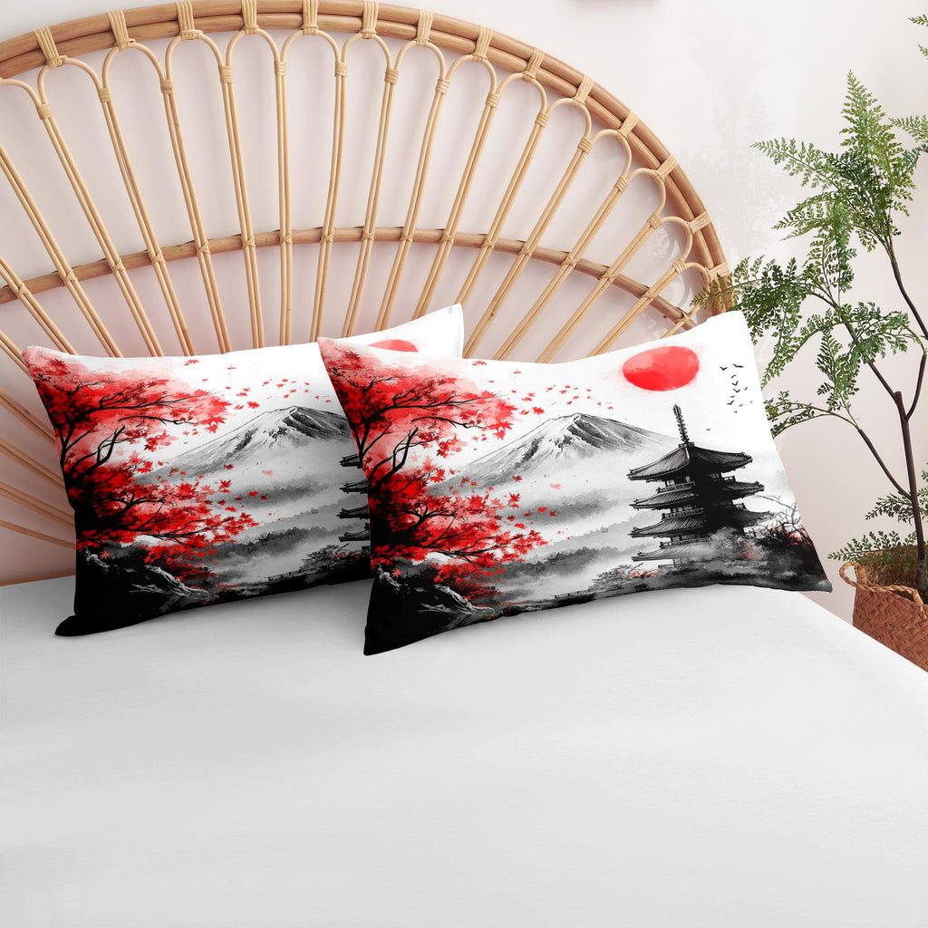 Ccoutuechen Classical Architecture Art Painting Comforter Set Queen, 3pcs Japanese Style Botanical Soft Bedding Set for Women Girl, Lightweight Down Alternative Comforter with 2 Pillowcases(90" X 90")
