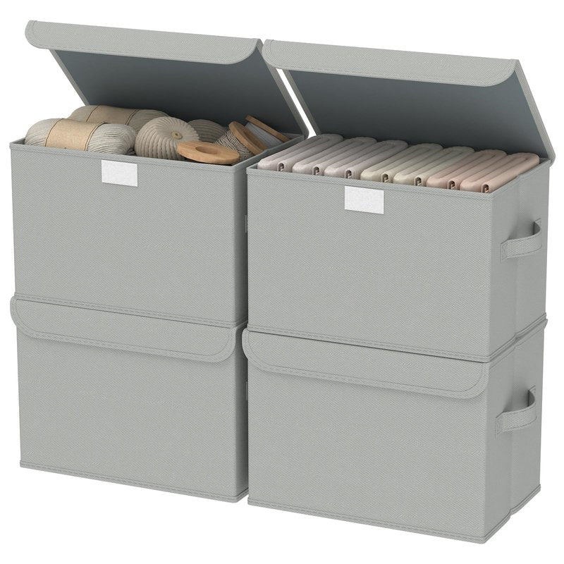 GUOHNHE Storage Bins with Lids for Organizing, Closet Boxes with 2 Carrying Handles and Sturdy Heavy Cardboard, Home Organizers Cubes, 4 Pack, Grey, 15 x 9.8 x 9.8 In, XSNY12GL-4