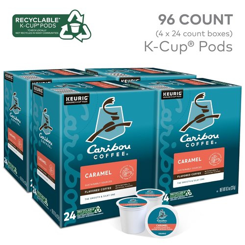 Caribou Coffee Caramel Flavored Medium Roast K-Cup Pods - 96 Count Box (Pack of 4)
