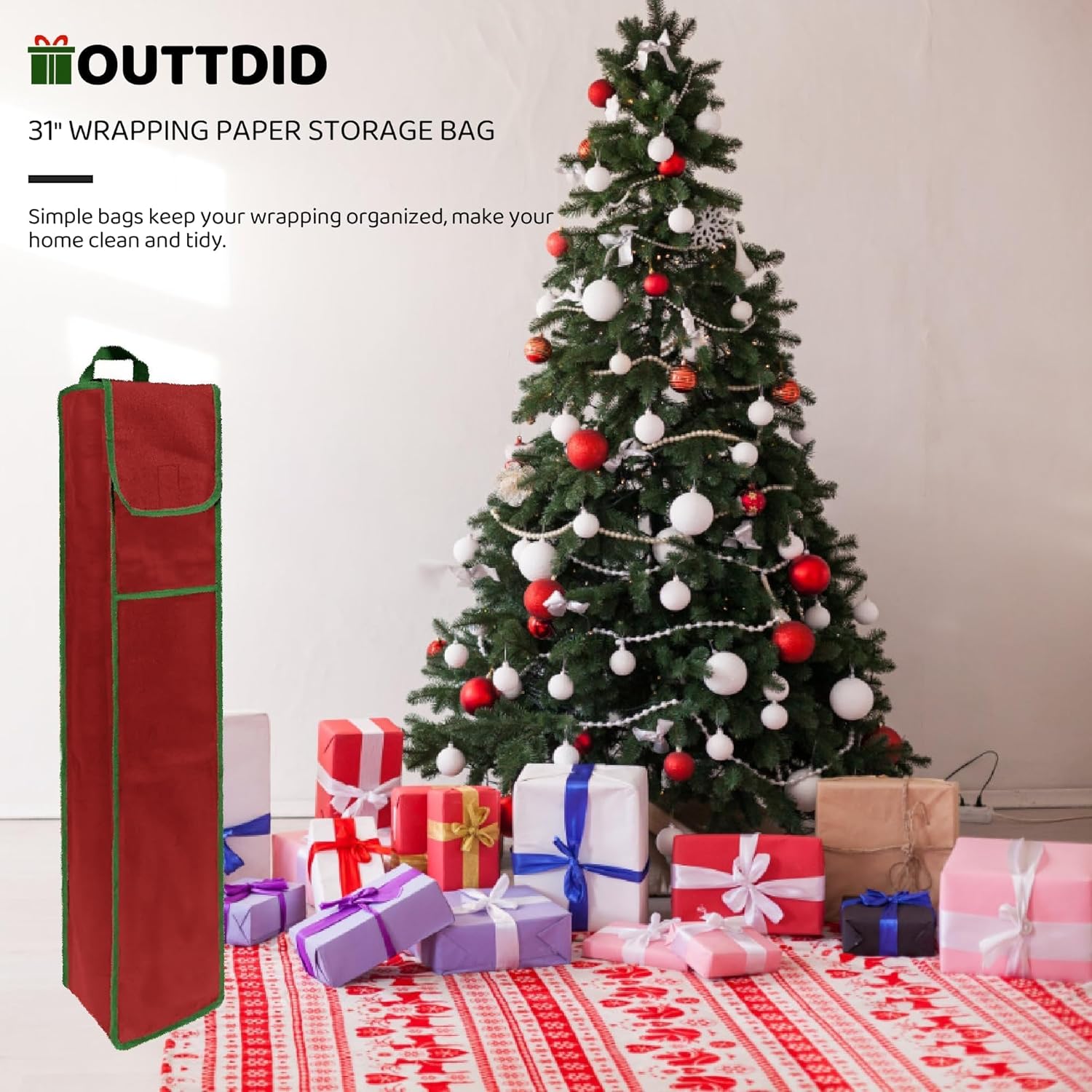 OUTTDID Wrapping Paper Storage Bag - 31" Gift Organizer with Pocket for 9 Rolls - Red