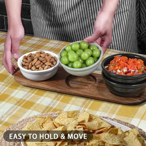 Artena Chip and Dip Serving Set - 12 oz Solid Ceramic with Acacia Tray & Black Bowls | Perfect for Appetizers