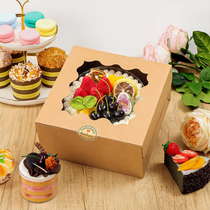 Biocorpla 24pcs 8x8x4 Inches Brown Cake Boxes with Window, Bakery Boxes with Window, Pastry Boxes, dessert boxes, Cookie Boxes for gift giving, Cake, Pastries, Pie, Chocolates, Cupcakes, Cookies