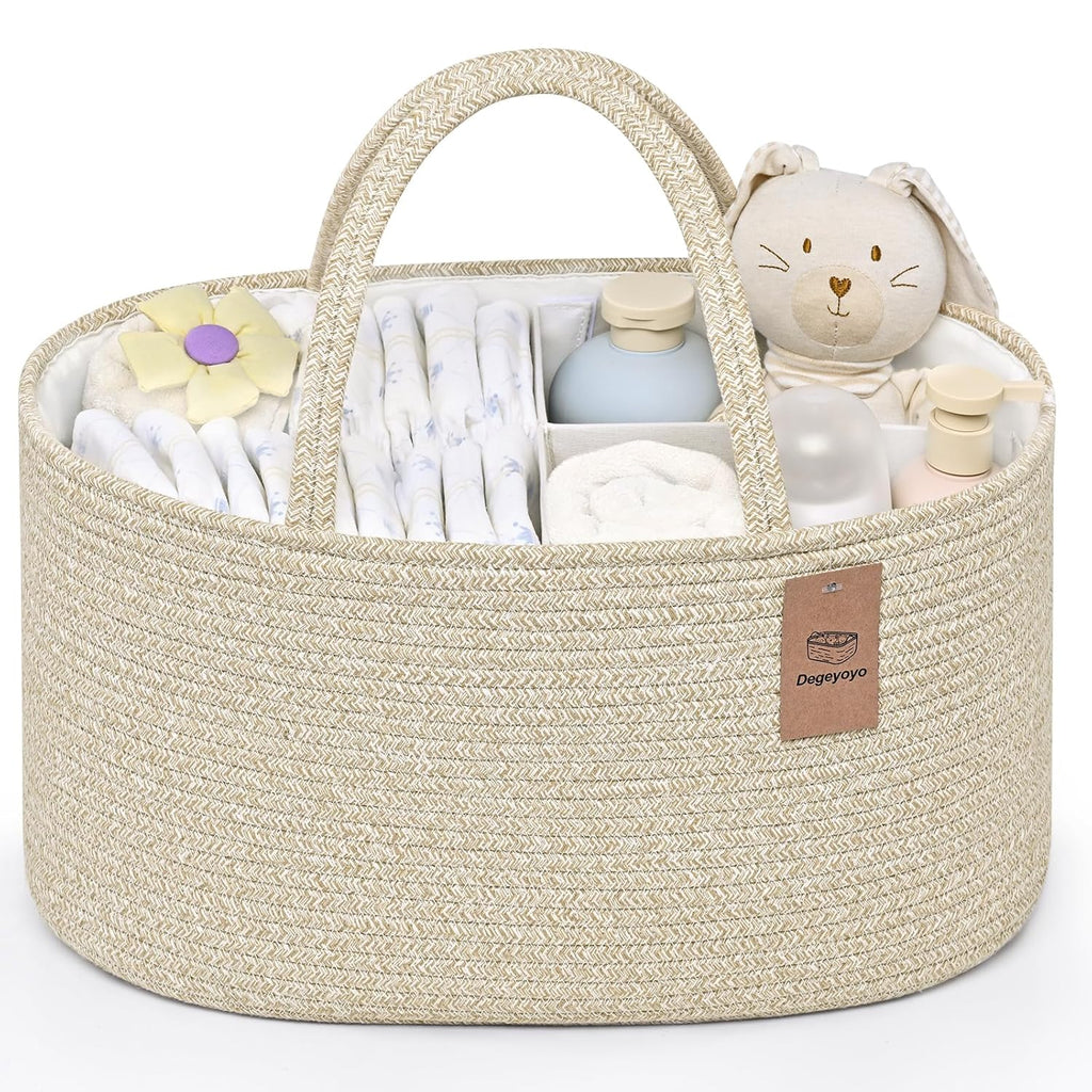 Skiennix Baby Diaper Caddy Organizer - 19L Cotton Rope Storage Basket with Removable Divider | Perfect for Nursery & Baby Showers