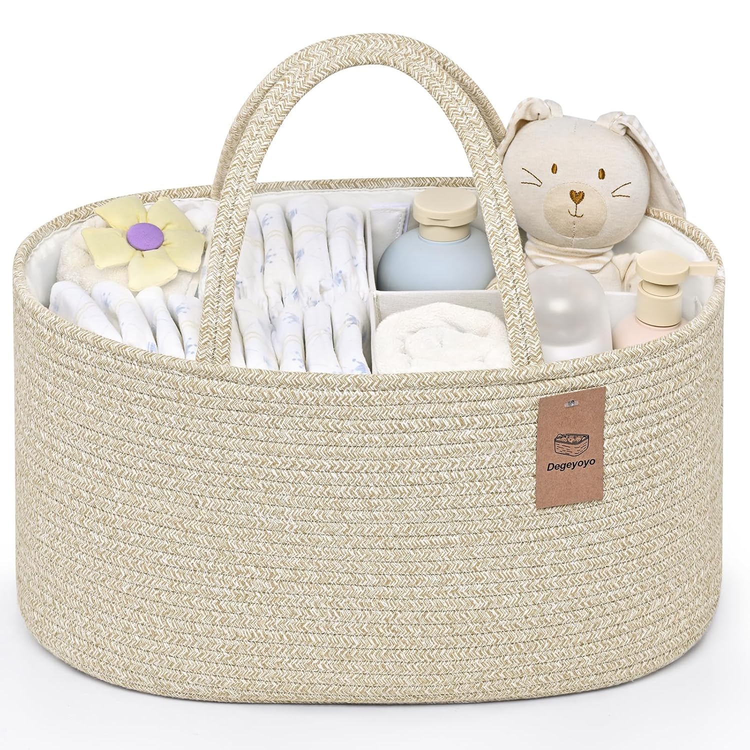 Skiennix Baby Diaper Caddy Organizer - 19L Cotton Rope Storage Basket with Removable Divider | Perfect for Nursery & Baby Showers