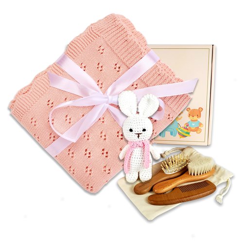 Baby Toddler Set in Gift Box, BabyShower and Newborn Gift Set, Cotton Blanket, Wooden Hair Brush Set, Soft Crochet Bunny, Baby Gift Basket for Newborn, Baby Gift Box (Peach)