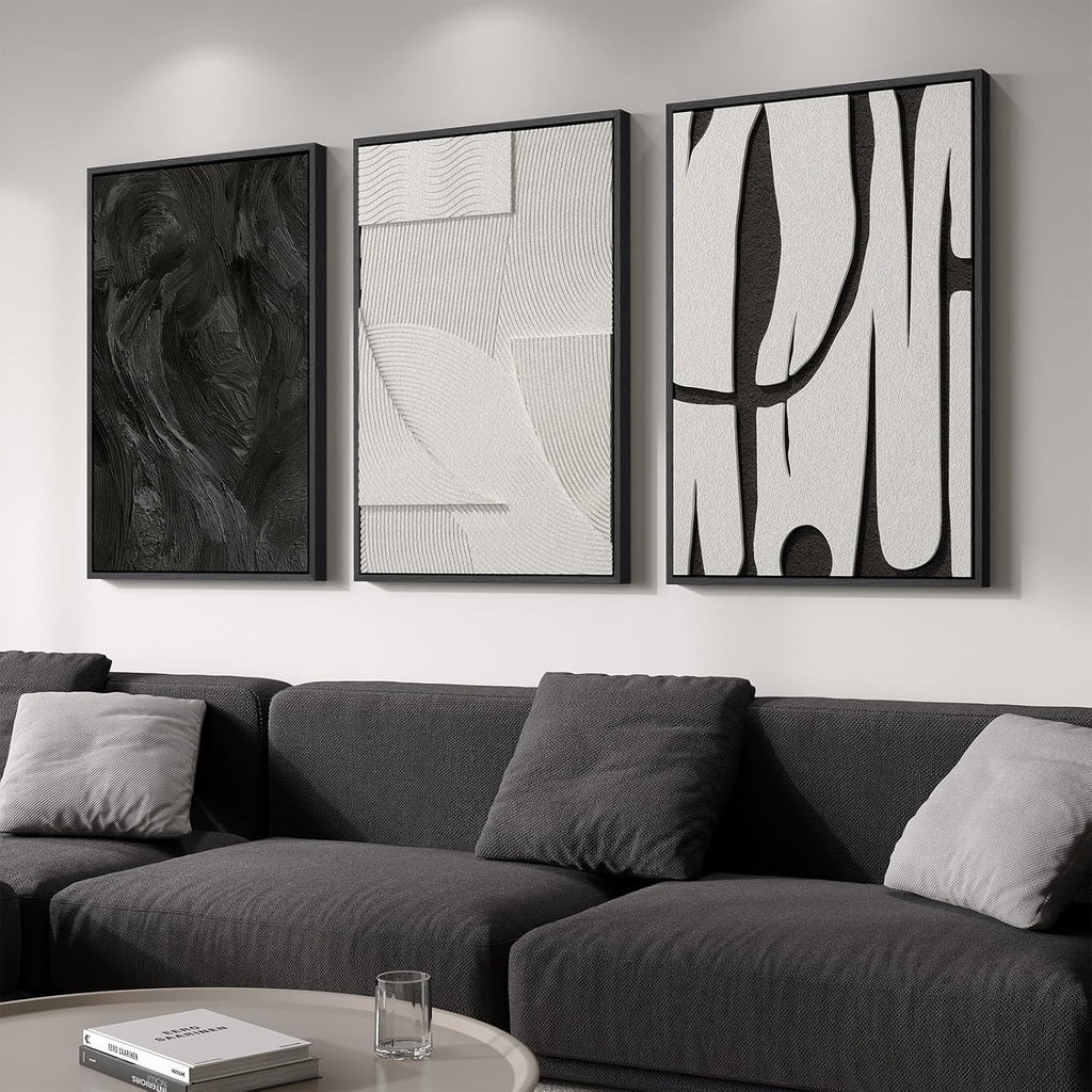 Skiennix 3D Textured Black and White Wall Art - Modern 3 Piece Framed Artwork for Living Room | 24x36 In