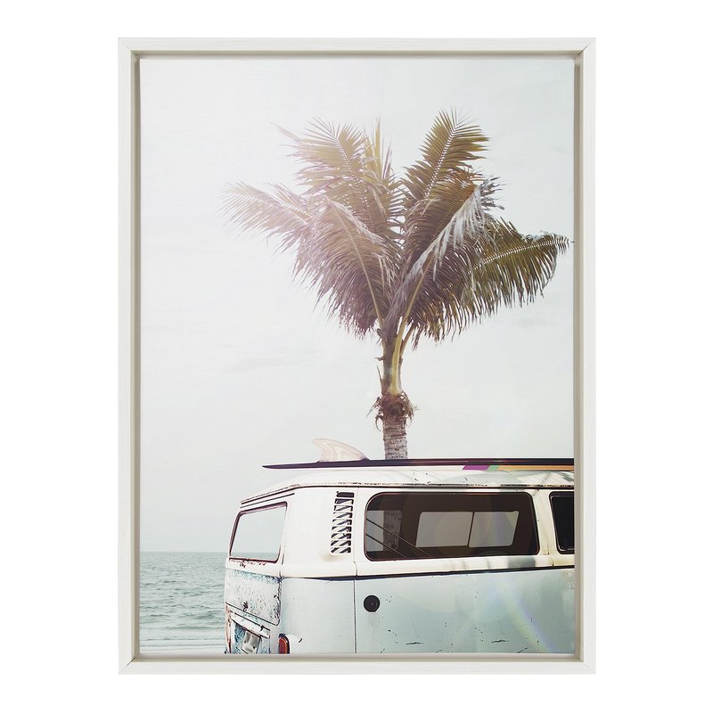 Kate and Laurel Sylvie Blue Beach Van Framed Canvas Wall Art by Amy Peterson Art Studio 18x24 White Soft Coastal Ocean Beach Art for Wall
