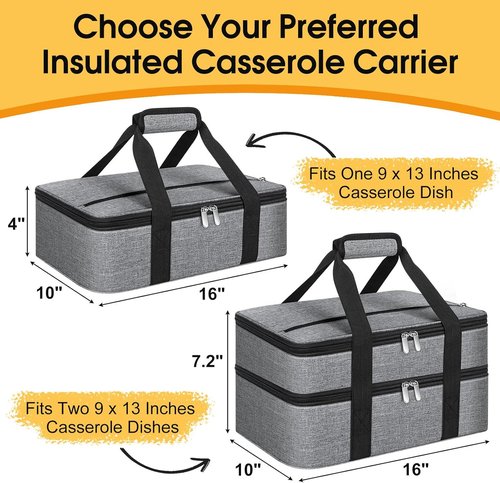 Double Insulated Casserole Carrier - Portable Hot/Cold Food Tote for Potlucks | Fits 9" x 13" Dish - Grey