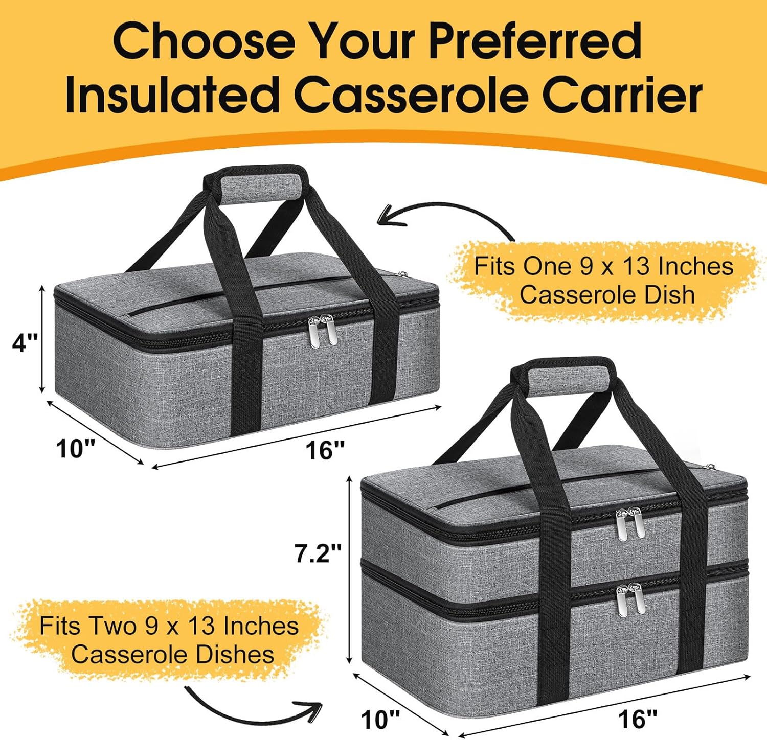 Skiennix Insulated Casserole Carrier - Portable Hot & Cold Food Tote Bag for Potlucks | Fits 9" x 13" Dish - Grey