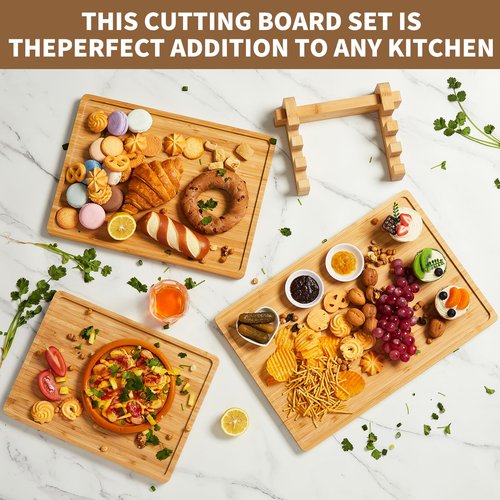 GarveeHome Bamboo Wood Cutting Boards Set of 3 with Holder – Kitchen Chopping Boards with Inner Handle and Deep Juice Groove, Ideal Serving Trays for Fruits, Meats, Cheeses, and Veggies