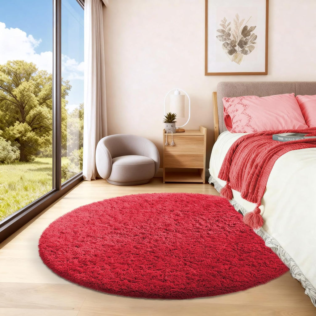Ophanie Round Rug - 4Ft Red Circle Area Rug | Fluffy Plush Shaggy Carpet for Kids' Room & Nursery