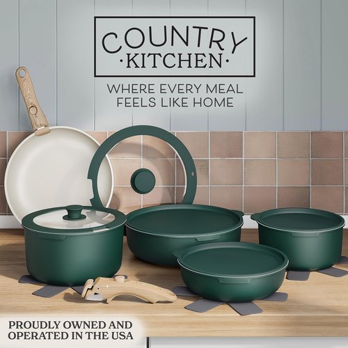 Country Kitchen Cookware Set - Removable Handle, Oven & RV Safe Pots and Pans, Sage Wood Handle