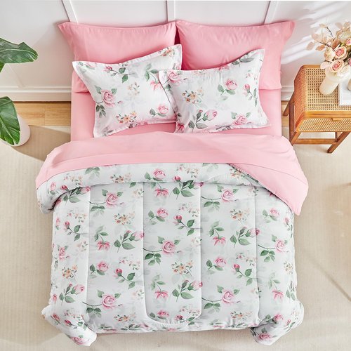 Flower Comforter Set with Sheet Set White Botanical Bed in a Bag Queen Size Light Pink Orange Floral Green Leaves Super Cute Soft Microfiber 7 Pieces Bedding Set with Pillowcases for Girls Women