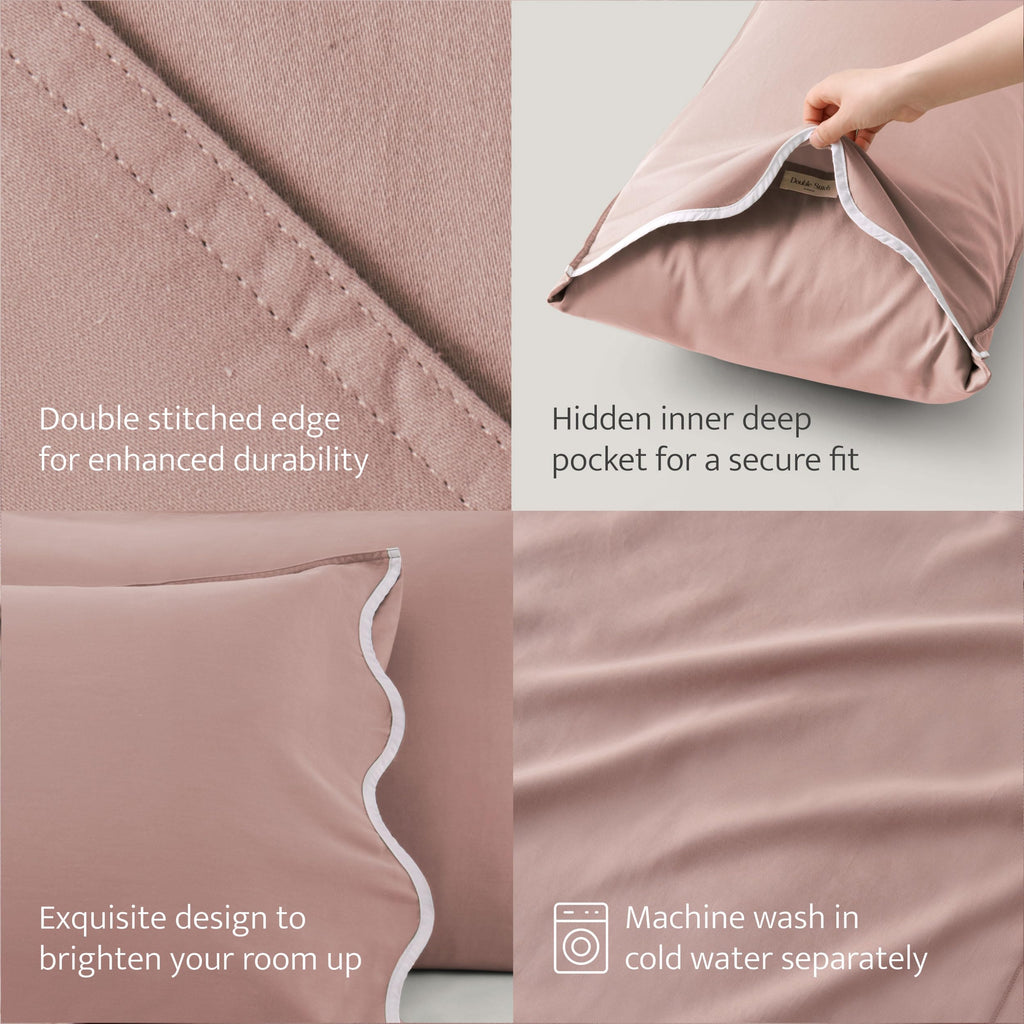Double Stitch Cotton Tencel Pillow Cases Scalloped - Queen Size Pillow Cover Set of 2, Eucalyptus Lyocell Cooling Pillowcases for Hot Sleepers, Envelope Closure, Soft & Cozy, Dusty Mauve, 20" x 30"