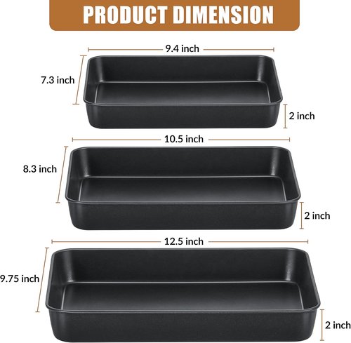 E-far Nonstick Baking Pans Set - 3 Rectangle Stainless Steel Cake Pans for Toaster Oven | 12.5/10.5/9.4 Inch, Black