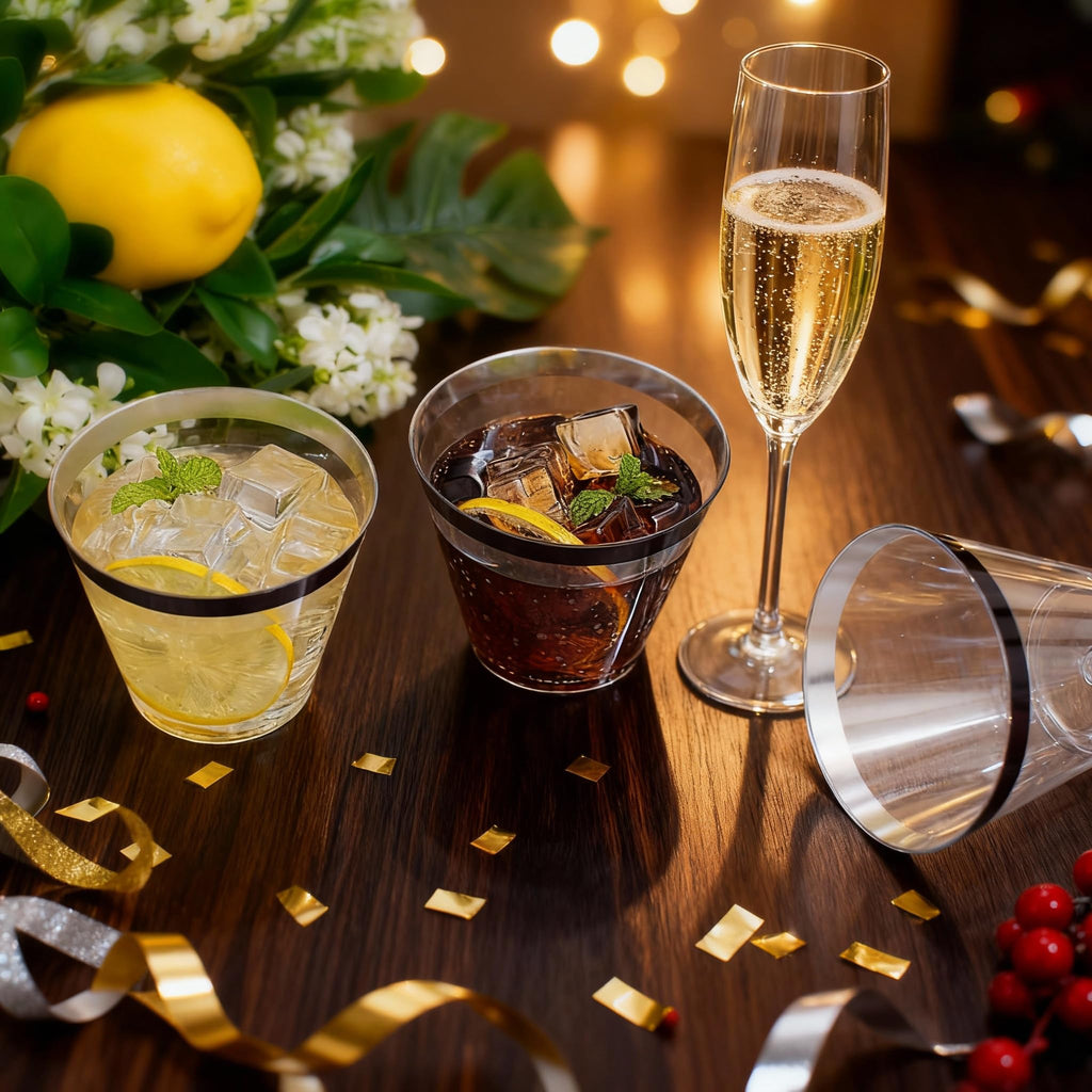 WELLIFE 120 PCS Black Plastic Cups,Disposable Cocktail Glasses,Plastic Wine Glasses Disposable,9 oz Clear Cups for Party