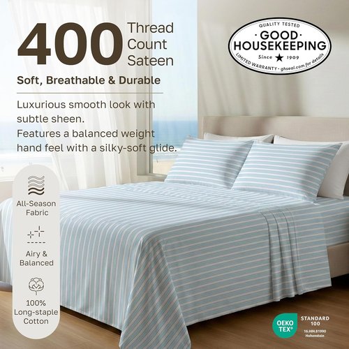 California Design Den 100% Cotton Full Size Sheets Set - 400 TC, Award-Winning Sateen Finish, Deep Pockets - Cape Stripe Blue