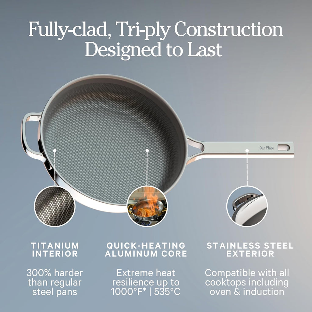 Our Place Titanium Always Pan Pro - 10.6" PFAS-Free Nonstick Frying Pan with Spatula | Chef-Grade Tri-Ply Stainless Steel & Aluminum | Induction & Oven-Safe up to 1000°F | Chrome Finish