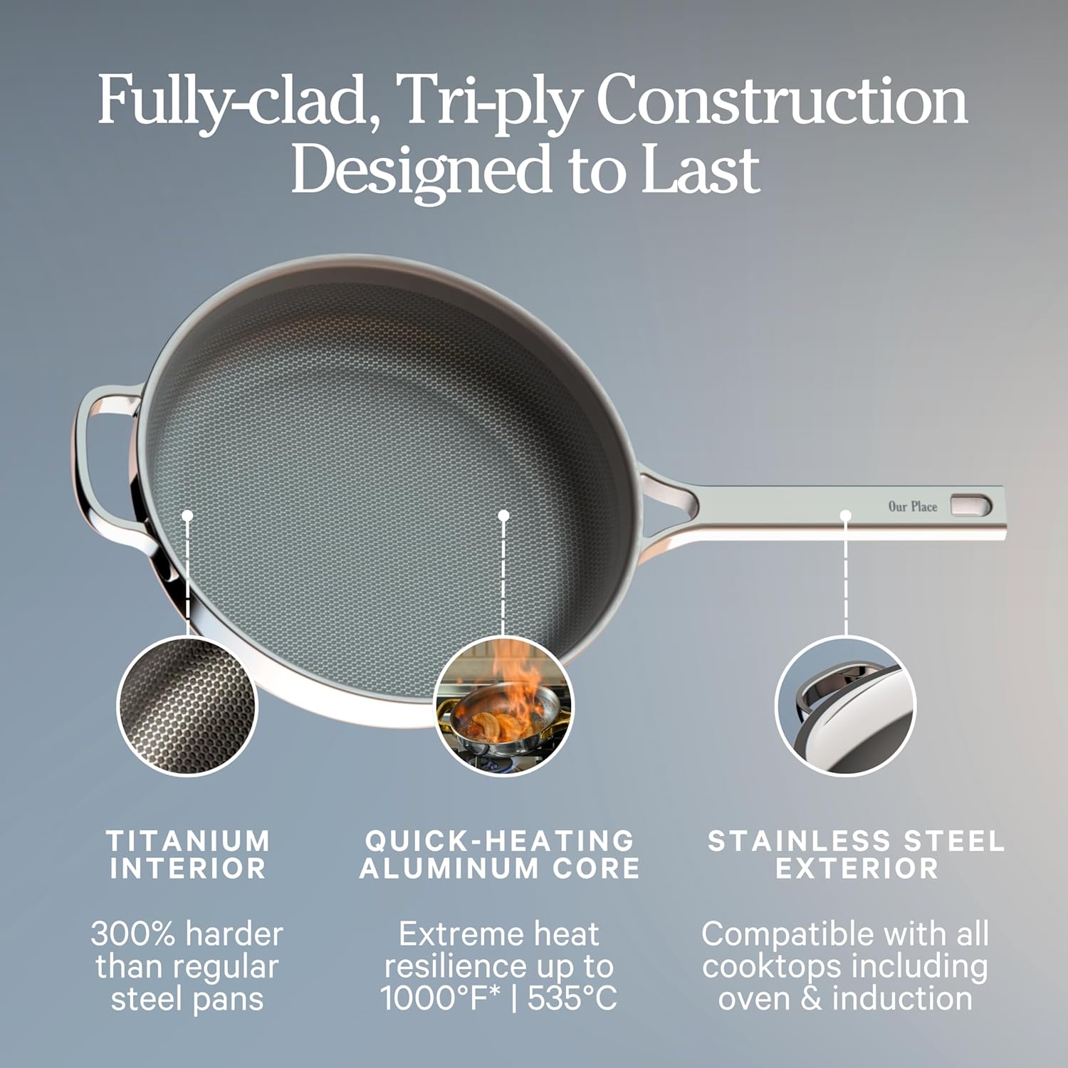 Our Place Titanium Always Pan Pro - 10.6" PFAS-Free Nonstick Frying Pan with Spatula | Chef-Grade Tri-Ply Stainless Steel & Aluminum | Induction & Oven-Safe up to 1000°F | Chrome Finish