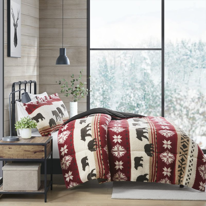 Woolrich Tunbridge Sherpa Comforter Set with Soft Faux Mink Reverse - Southwestern Rustic Cabin Print, Cozy Warm Bedding for Cold Season, Matching Shams, King/Cal King, Red/Black 3 Piece