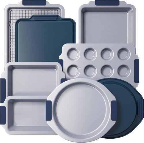 BRONYPRO Nonstick Ceramic Bakeware Set - 9 Heavy-Duty Aluminized Steel Pans with Silicone Handles | PTFE & PFOA Free - Blue