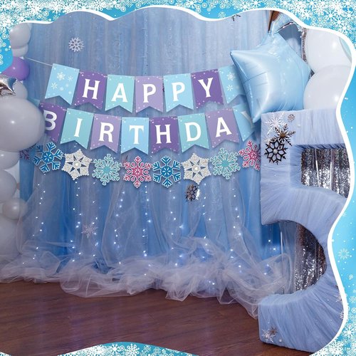 Fanfanwin Snowflake Birthday Banner - 5 Pcs Blue Snowflake Design with Felt Castle Decor | Winter Holiday Party