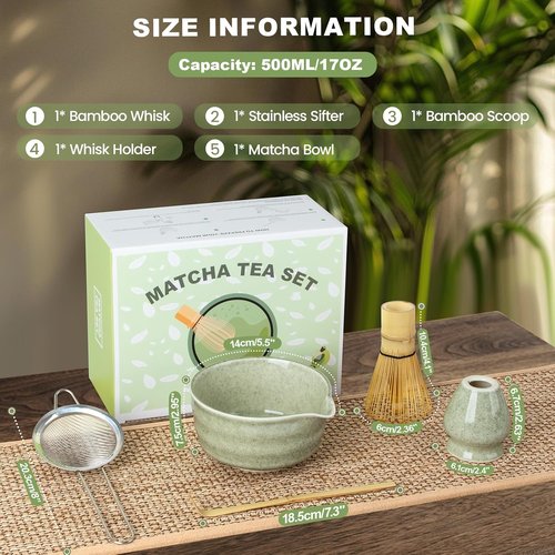 Dayacoco Matcha Whisk Set - Complete 5-Piece Ceramic Kit with Bowl, Whisk, Scoop & Sifter | Perfect Gift for Matcha Lovers (Green)