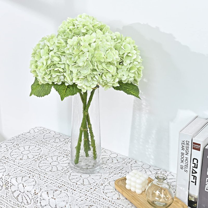 Waipfaru 21" Real Touch Green Hydrangea Artificial Flowers with Long Stem & Leaves, Full Latex Faux Hydrangea Flowers for Home Decor Party Floral Arrangements Wedding Bouquets Centerpieces, 5Pcs