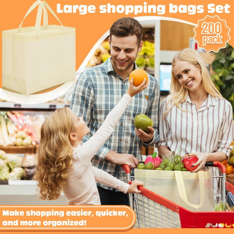 Windyun Reusable Grocery Bags Large Non Woven Shopping Bags with Handles Foldable Portable Tote Bulk, 12.6 x 11.8 x 6.3 Inch(Multicolor,200 Pcs)