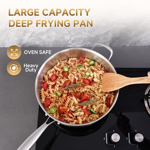 Inqibee Tri-Ply 7 Quarts Stainless Steel Sauté Pan with Lid, 12 Inch Induction Deep Frying Pan, Large Skillet,Jumbo Cooker, Dishwasher and Oven Safe,Detachable Handle.