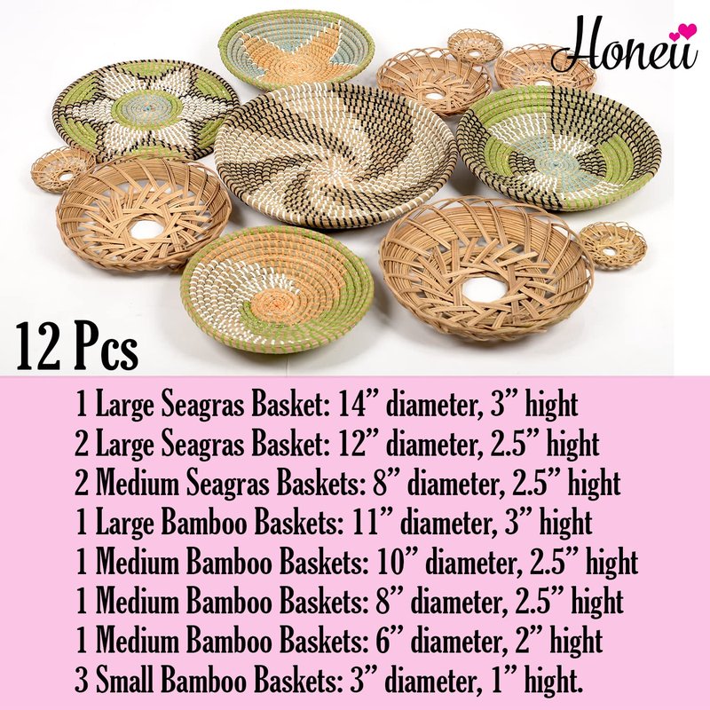 Boho Wall Baskets for Decor, Wicker Hanging Basket, Boho Wall Art, Woven Hanging Basket, Rattan Decor, Bohemian Decorative for Living Room Or Bedroom, Round Bamboo and Seagrass Plates 12 Pcs