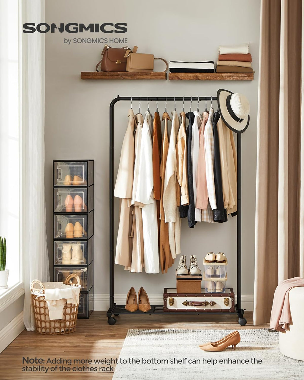 SONGMICS Clothes Rack - Mobile Garment Rack with Mesh Shelf & 110 lb Capacity - Black UHSR25BK